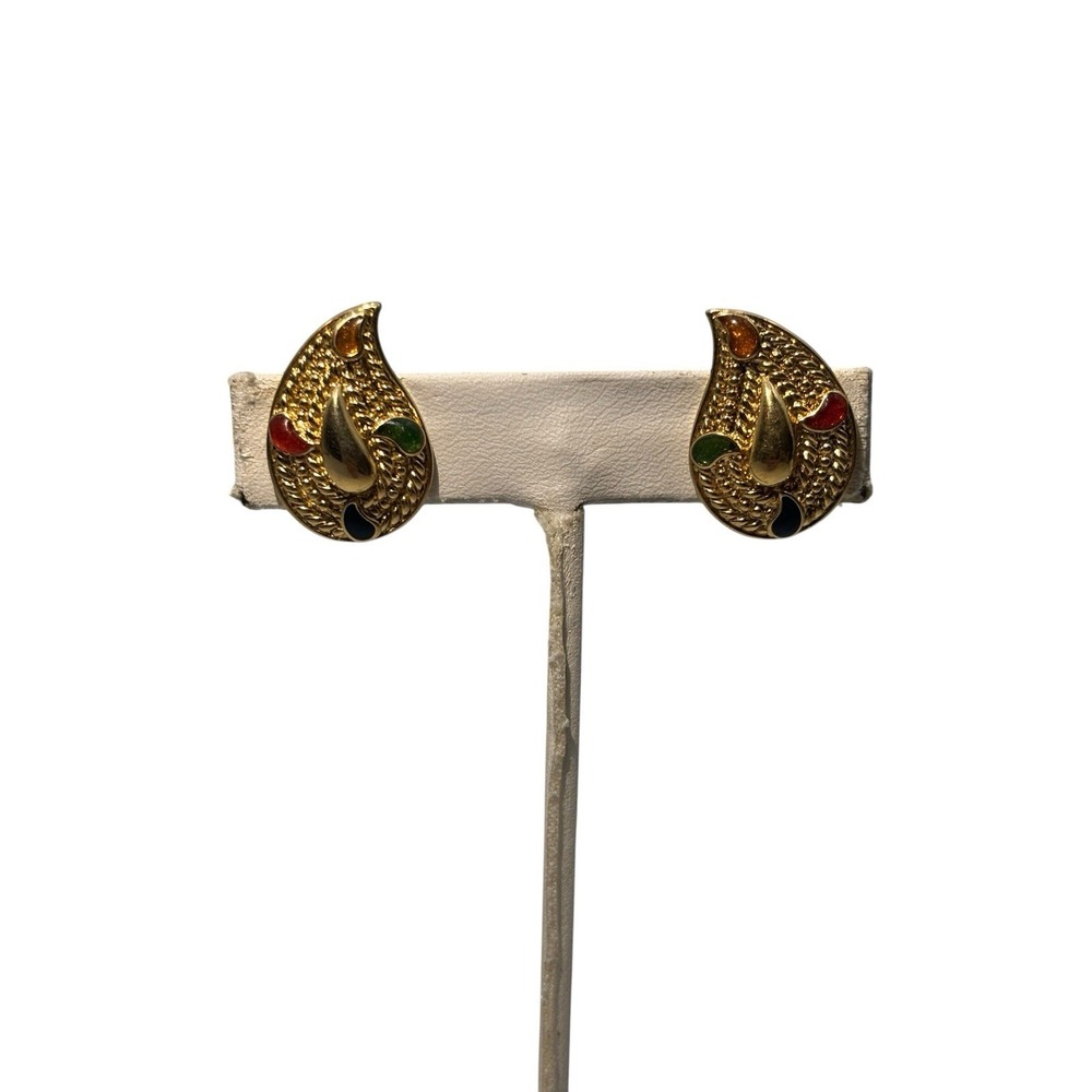 Vintage Avon Gold Tone Multi Color Enamel Paisley Teardrop Clip On Earrings